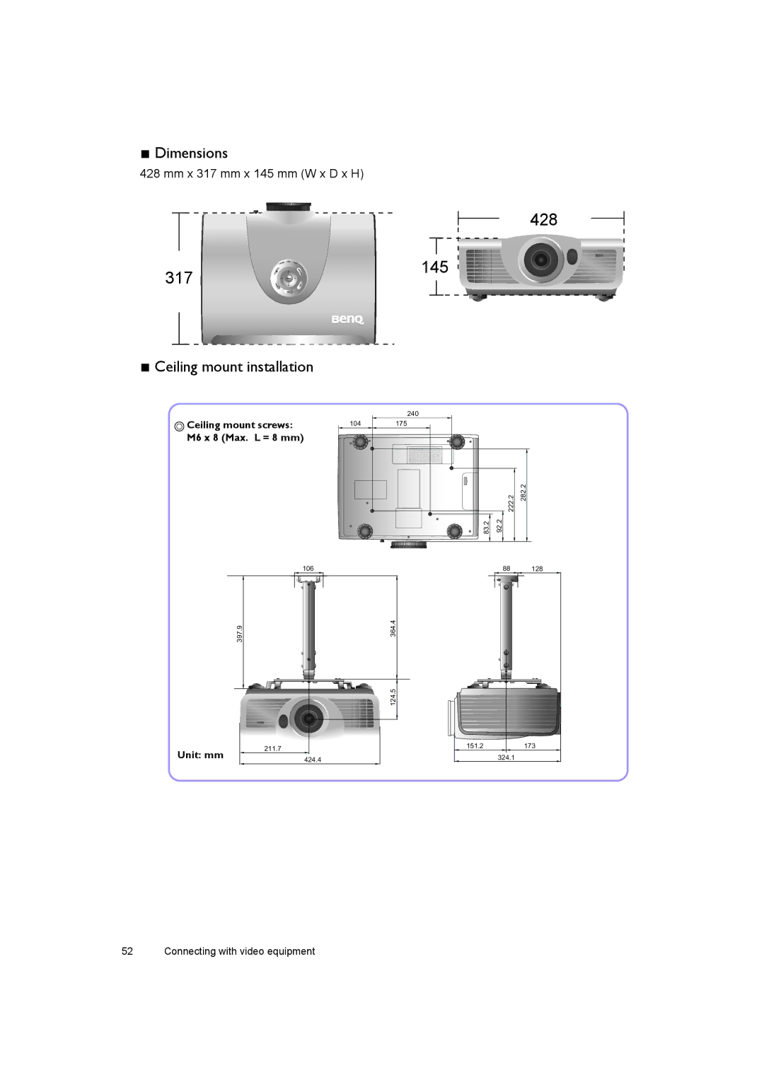 BenQ W7000+ user manual 317 145 428, Dimensions 