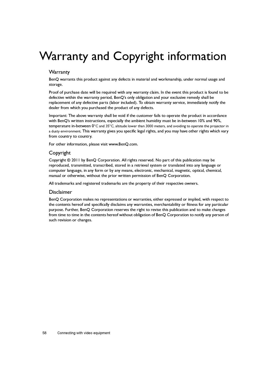 BenQ W7000+ user manual Warranty and Copyright information, Disclaimer 