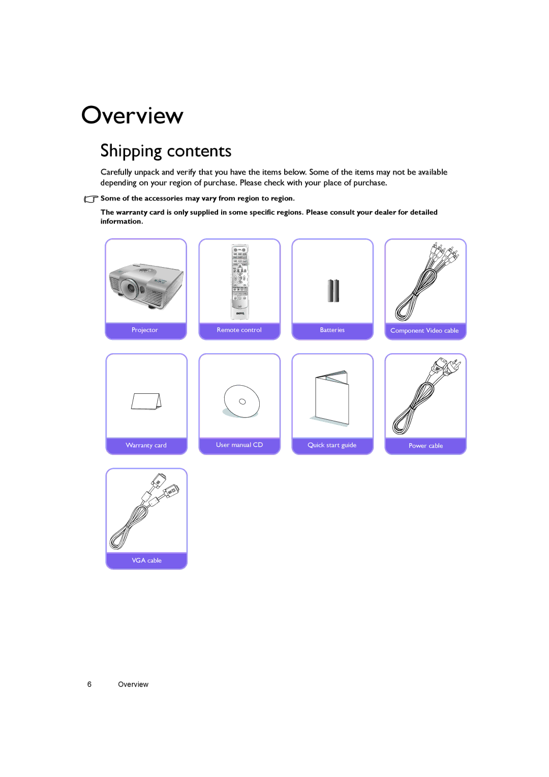 BenQ W7000+ user manual Overview, Shipping contents 