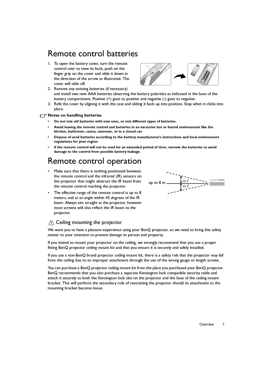 BenQ W7000+ user manual Remote control batteries, Remote control operation, Ceiling mounting the projector 