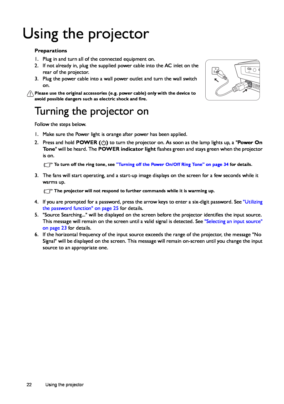BenQ W770ST user manual Using the projector, Turning the projector on 