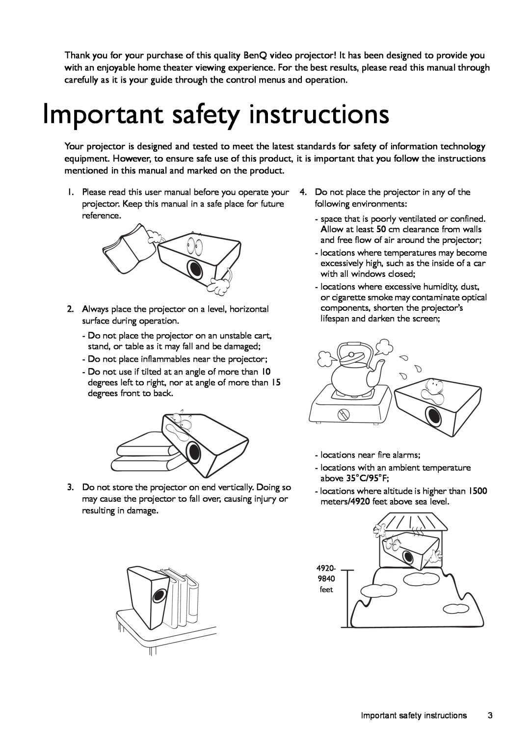 BenQ W770ST user manual Important safety instructions 