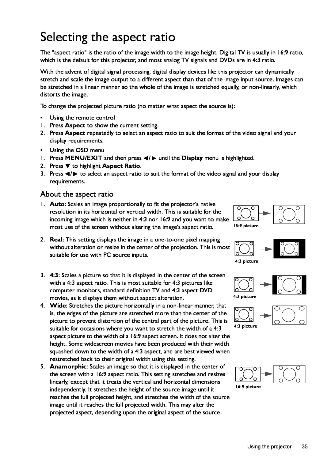 BenQ W770ST user manual Selecting the aspect ratio, About the aspect ratio 