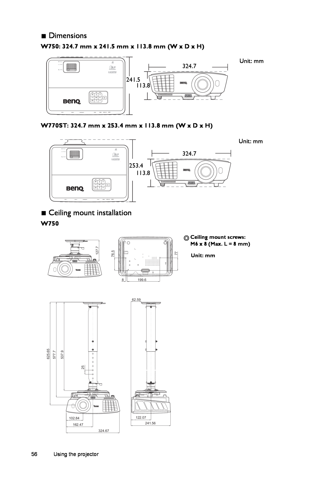 BenQ W770ST Unit mm, Ceiling mount screws M6 x 8 Max. L = 8 mm, 127.7, 76.5, 199.6, 62.59, 625.65, 577.7, 537.9, 162.47 