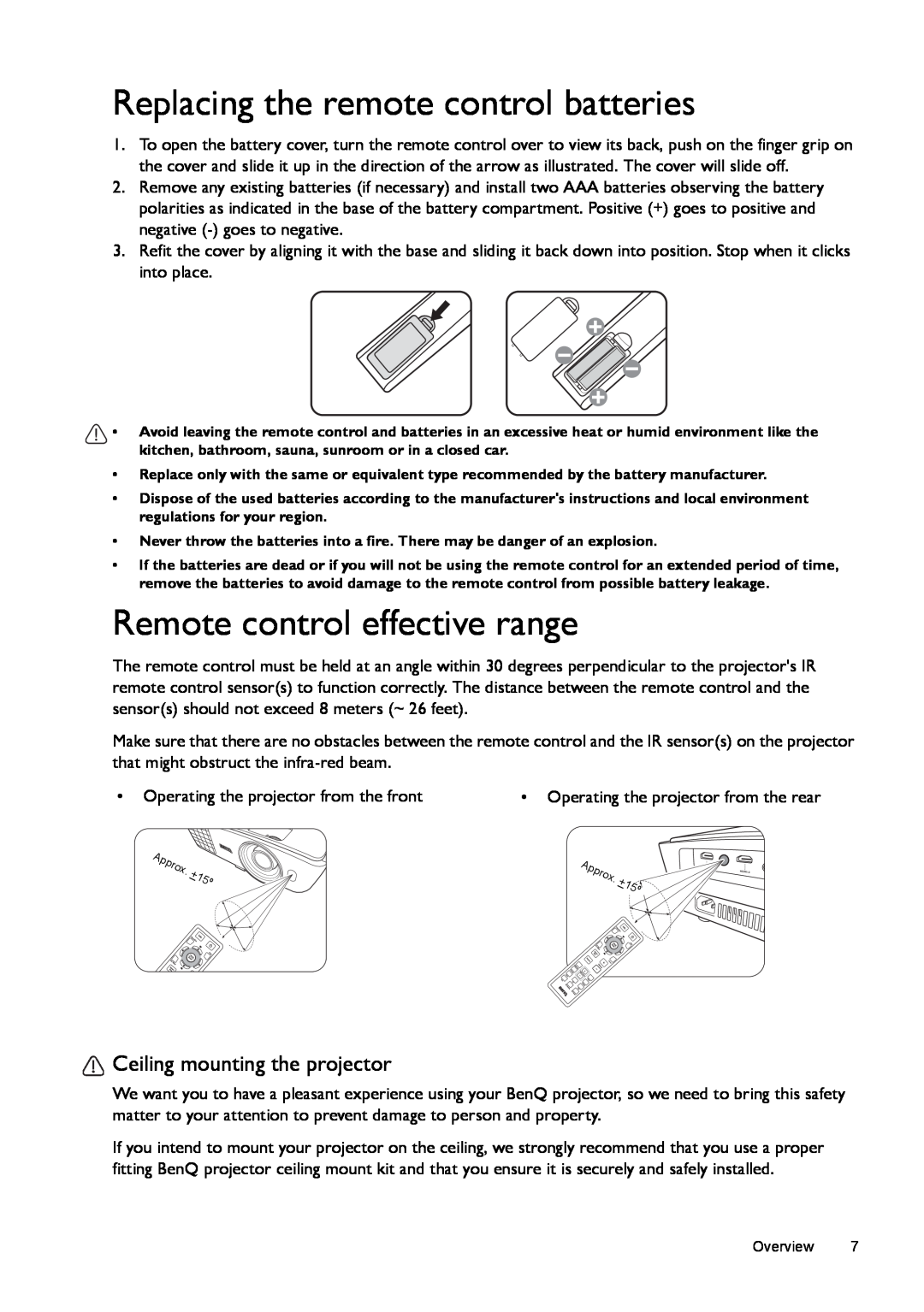 BenQ W770ST Replacing the remote control batteries, Remote control effective range, Ceiling mounting the projector 