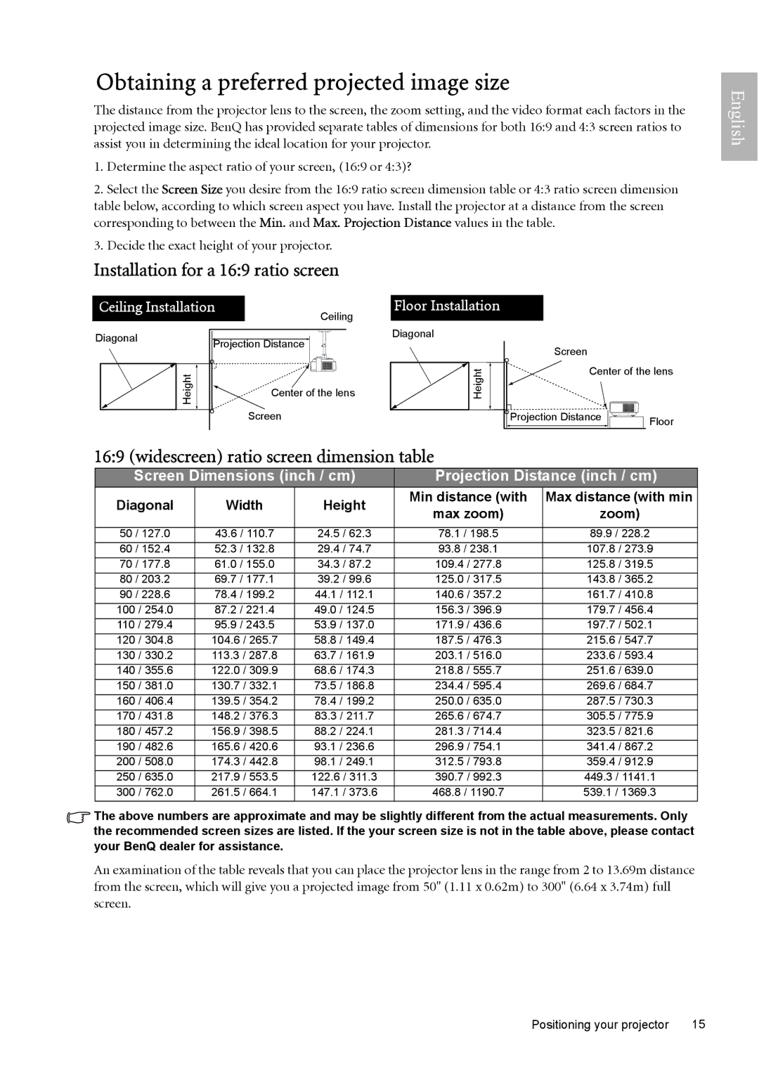 BenQ W10000, W9000 manual Obtaining a preferred projected image size, Installation for a 169 ratio screen, Max zoom Zoom 