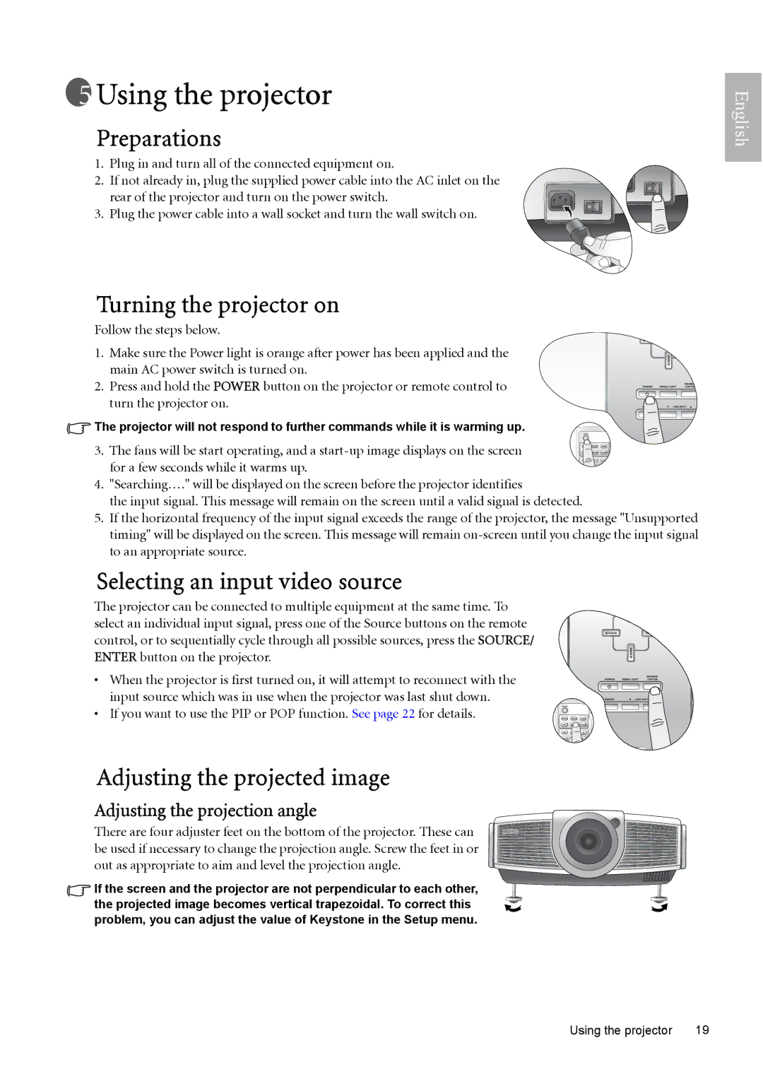 BenQ W10000, W9000 manual Using the projector, Preparations, Turning the projector on, Selecting an input video source 