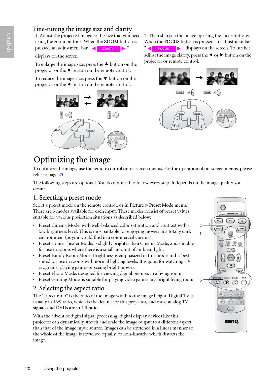 BenQ W9000, W10000 manual Optimizing the image, Fine-tuning the image size and clarity, Selecting a preset mode 