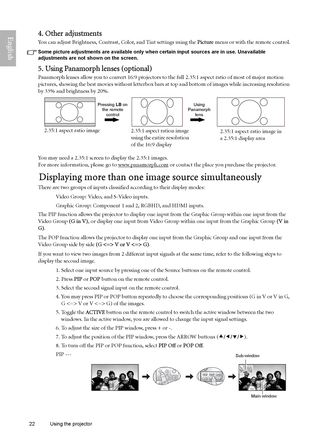 BenQ W9000 manual Displaying more than one image source simultaneously, Other adjustments, Using Panamorph lenses optional 