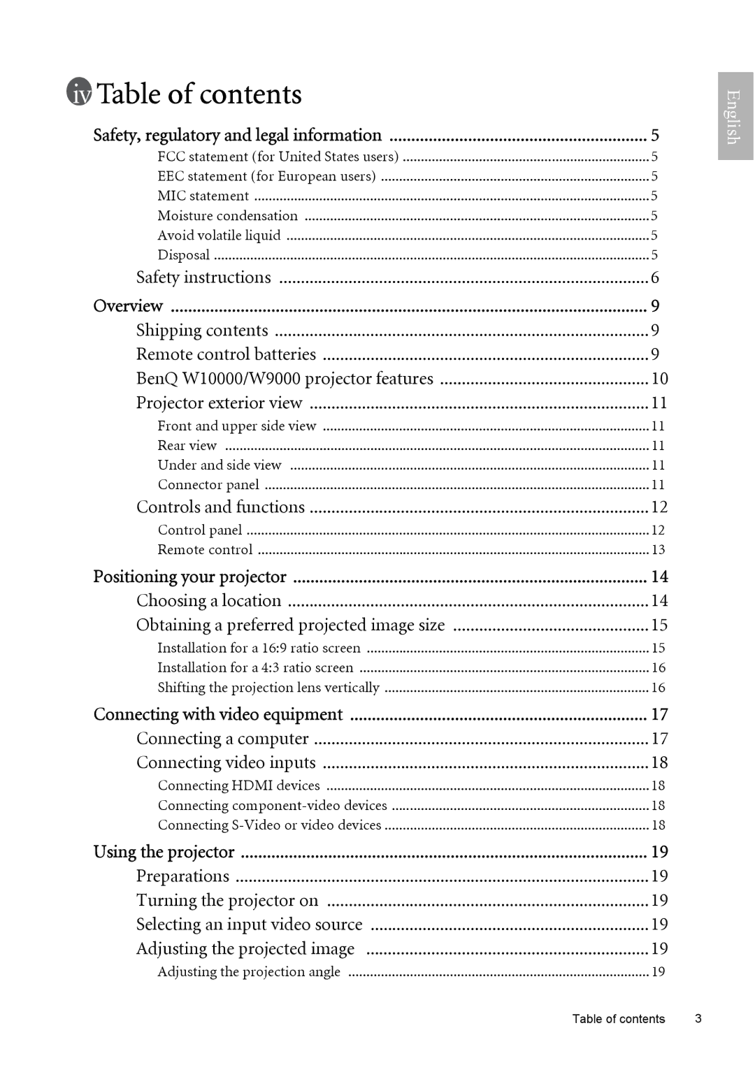 BenQ W10000, W9000 manual Table of contents 