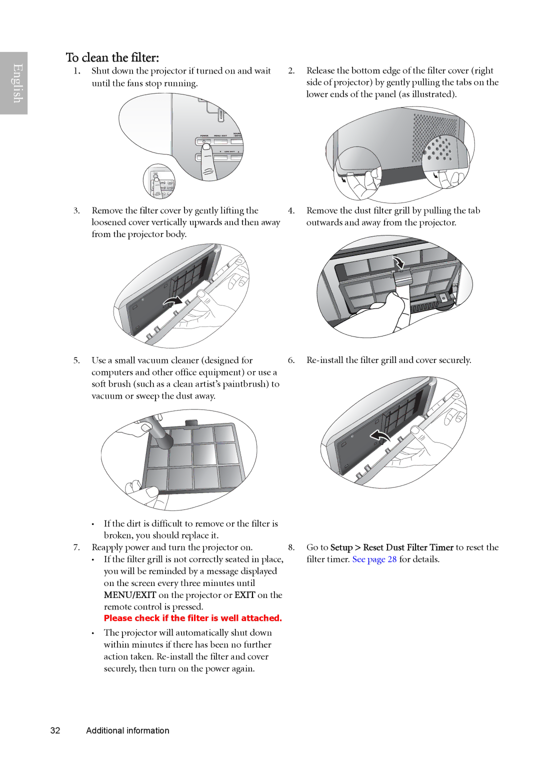 BenQ W9000, W10000 manual To clean the filter, Remote control is pressed, Re-install the filter grill and cover securely 