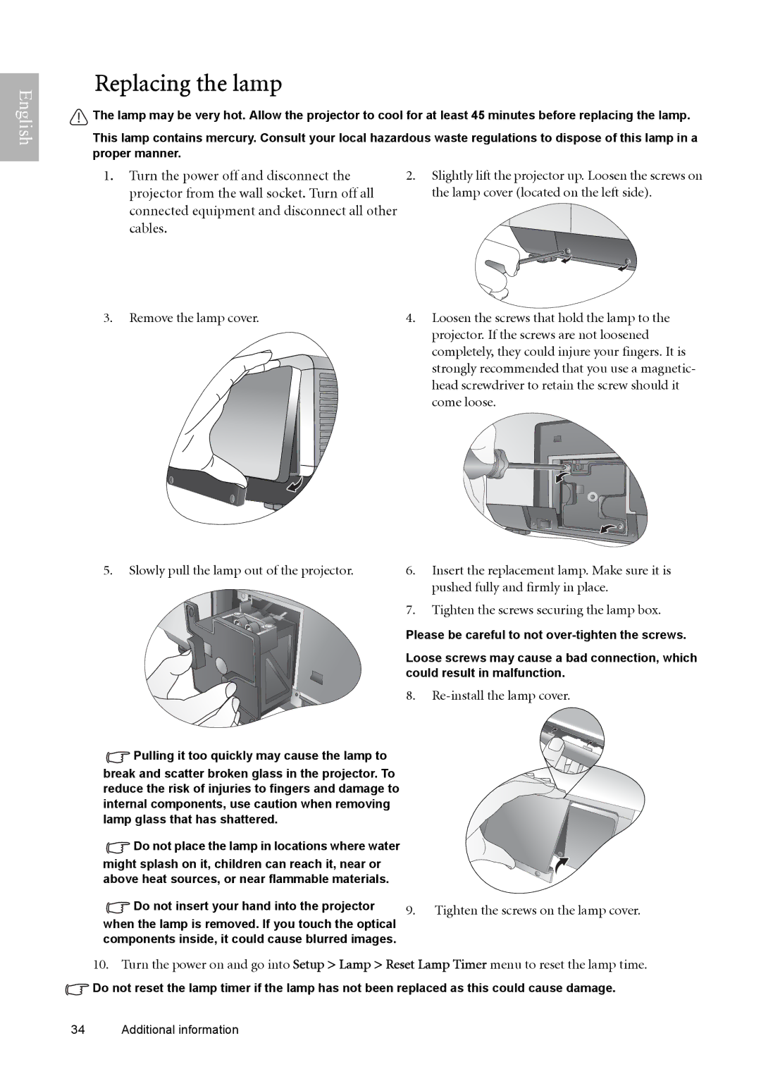 BenQ W9000, W10000 manual Replacing the lamp, Lamp cover located on the left side, Tighten the screws securing the lamp box 