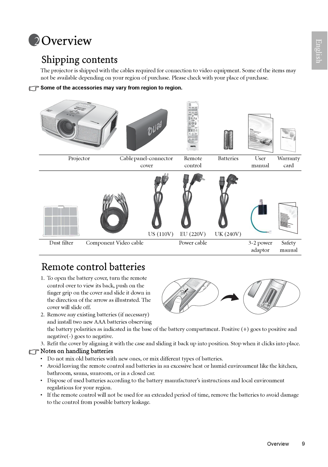 BenQ W10000, W9000 manual Overview, Shipping contents, Remote control batteries 