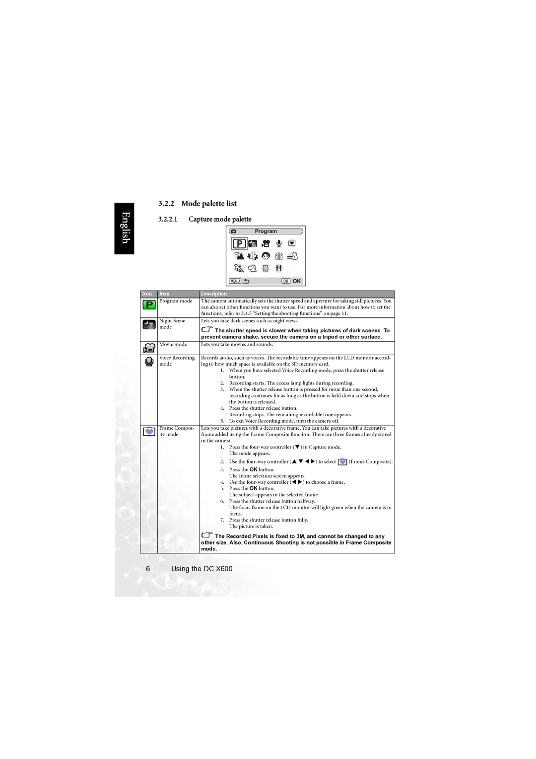 BenQ X600 user manual Mode palette list, Capture mode palette 