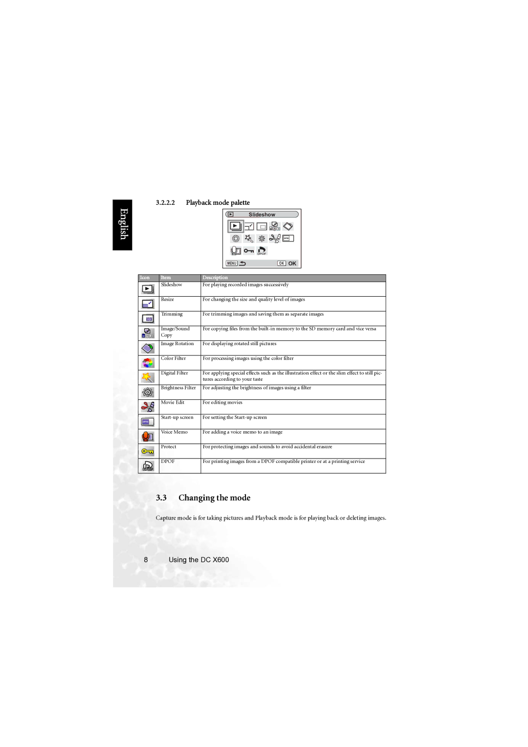 BenQ X600 user manual Changing the mode, Playback mode palette 