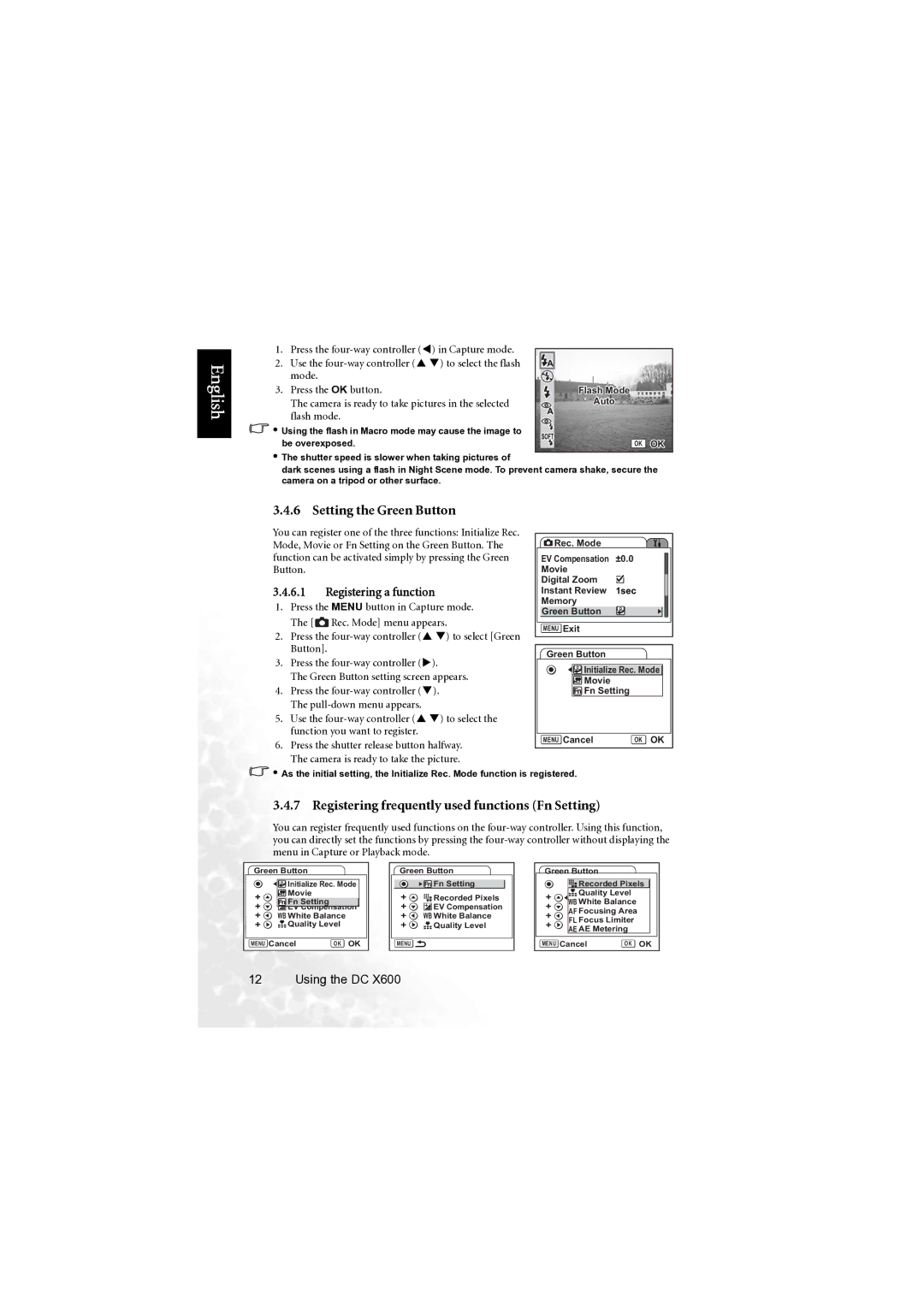 BenQ X600 user manual Setting the Green Button, Registering frequently used functions Fn Setting, Registering a function 