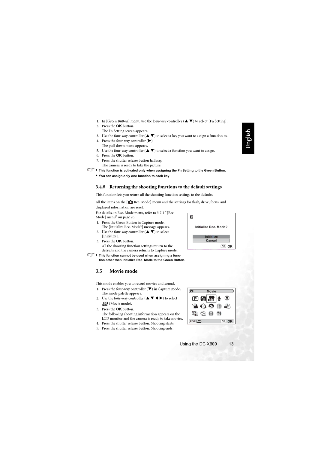 BenQ X600 user manual Movie mode, Returning the shooting functions to the default settings 