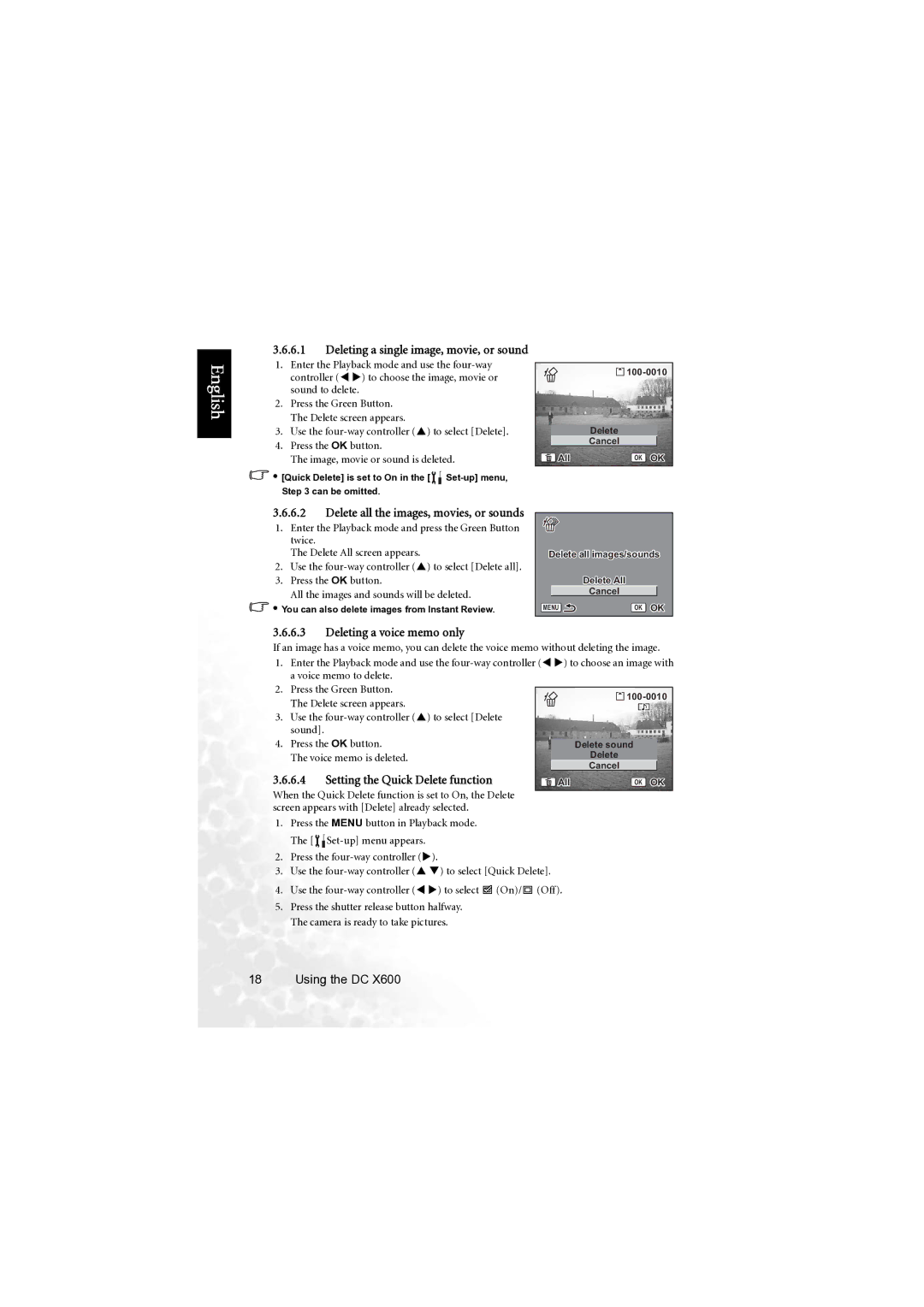 BenQ X600 user manual Deleting a single image, movie, or sound, Deleting a voice memo only 