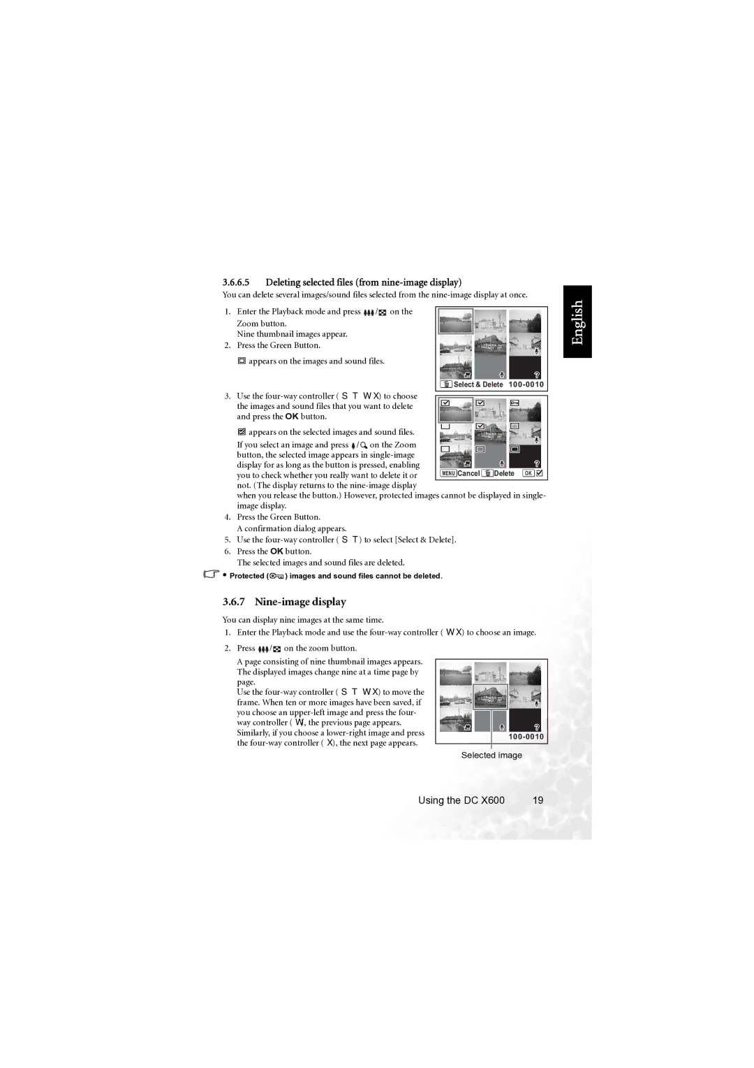 BenQ X600 user manual Nine-image display, Deleting selected files from nine-image display, Selected image 