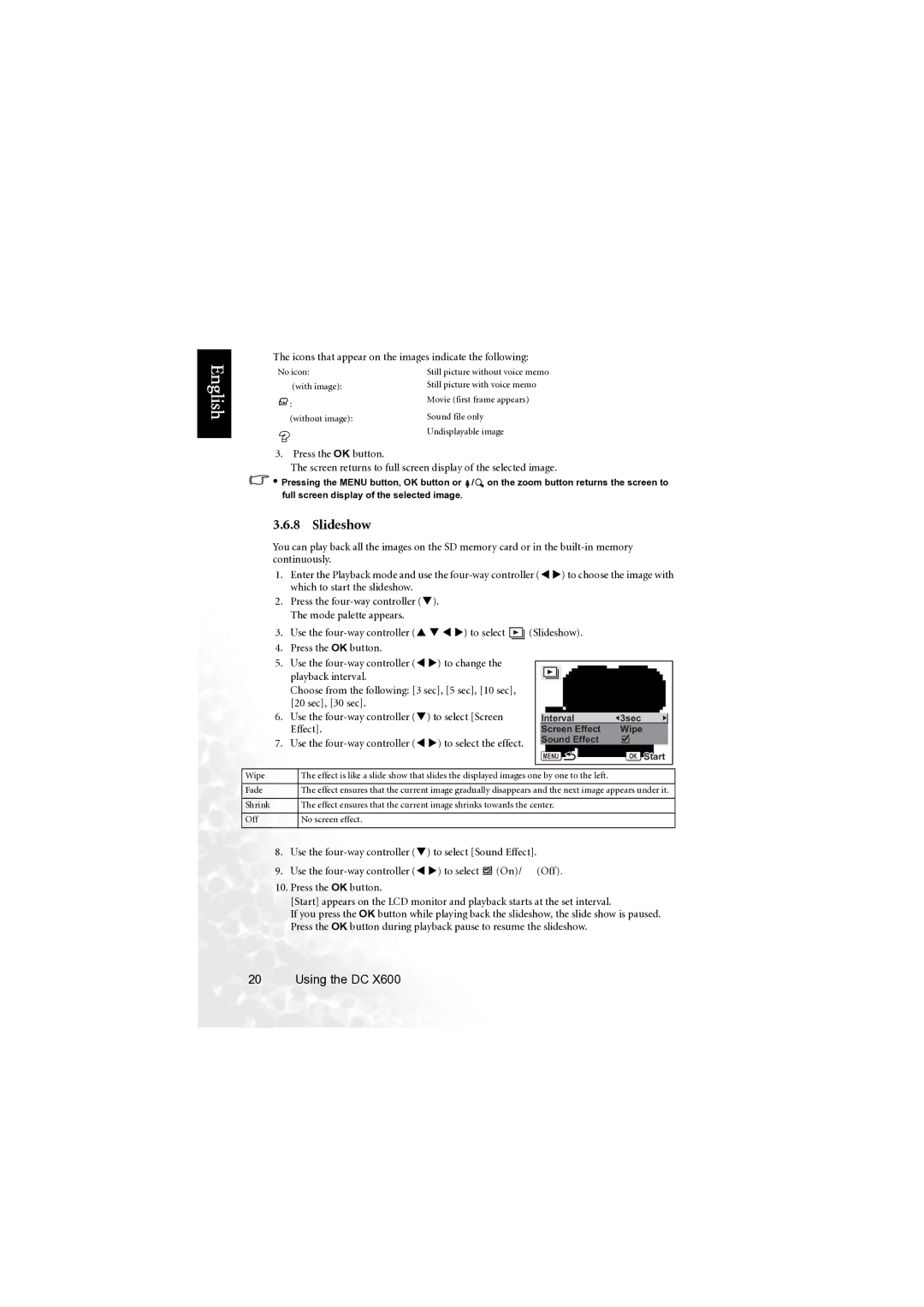 BenQ X600 user manual Slideshow, Icons that appear on the images indicate the following, Effect 