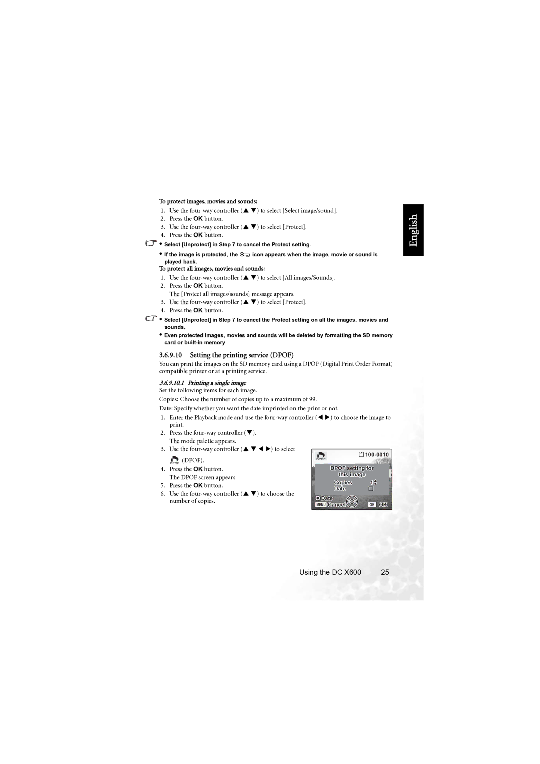 BenQ X600 user manual Setting the printing service Dpof, Print, Use the four-way controller S T W X to select 