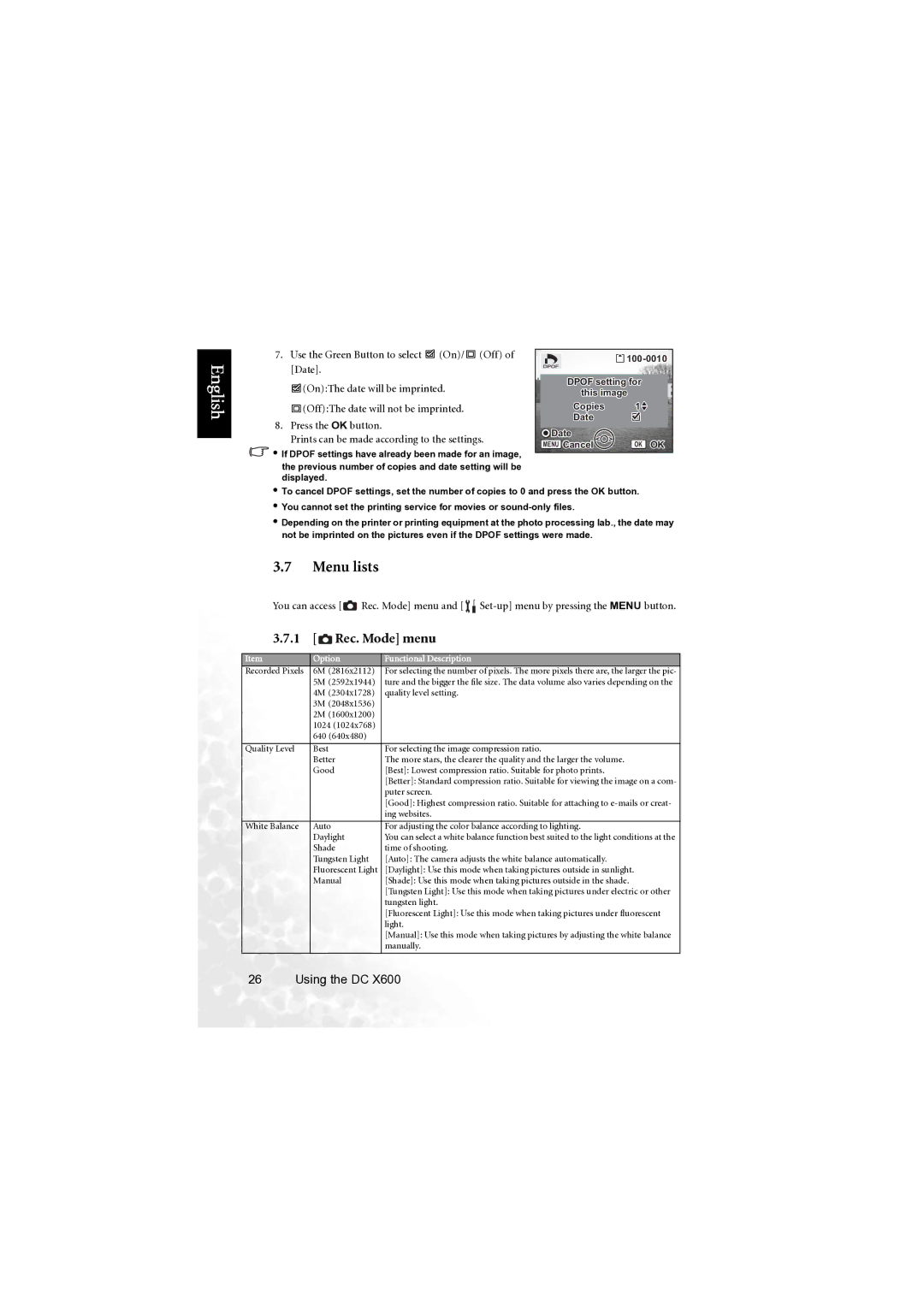 BenQ X600 user manual Menu lists, Rec. Mode menu 