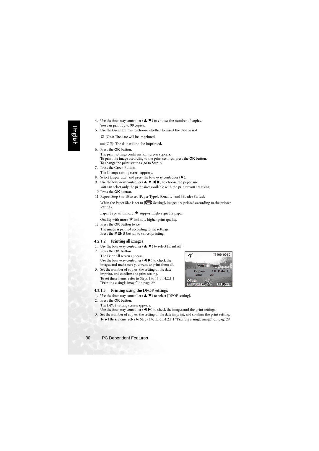 BenQ X600 user manual Printing all images, Printing using the Dpof settings, Press the OK button Print All screen appears 