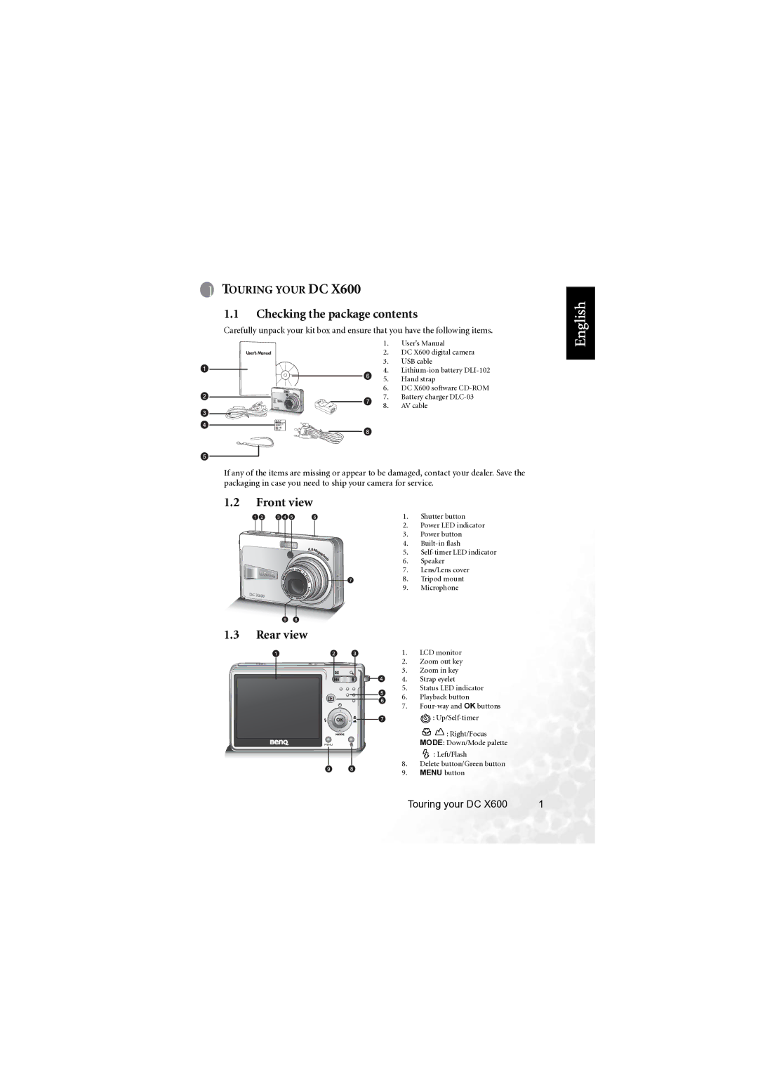 BenQ X600 user manual Checking the package contents, Front view, Rear view 