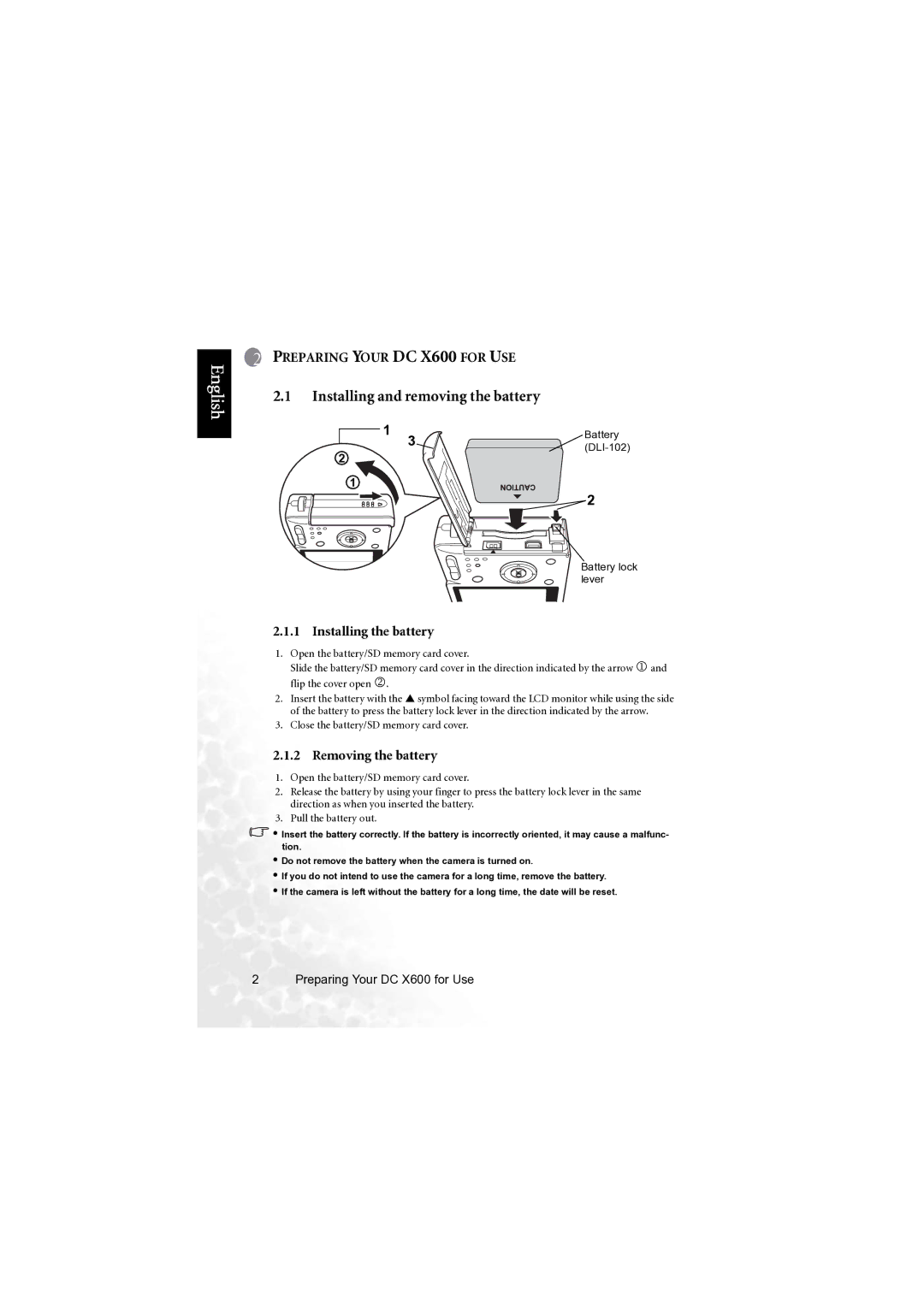 BenQ X600 user manual Installing and removing the battery, Installing the battery, Removing the battery 