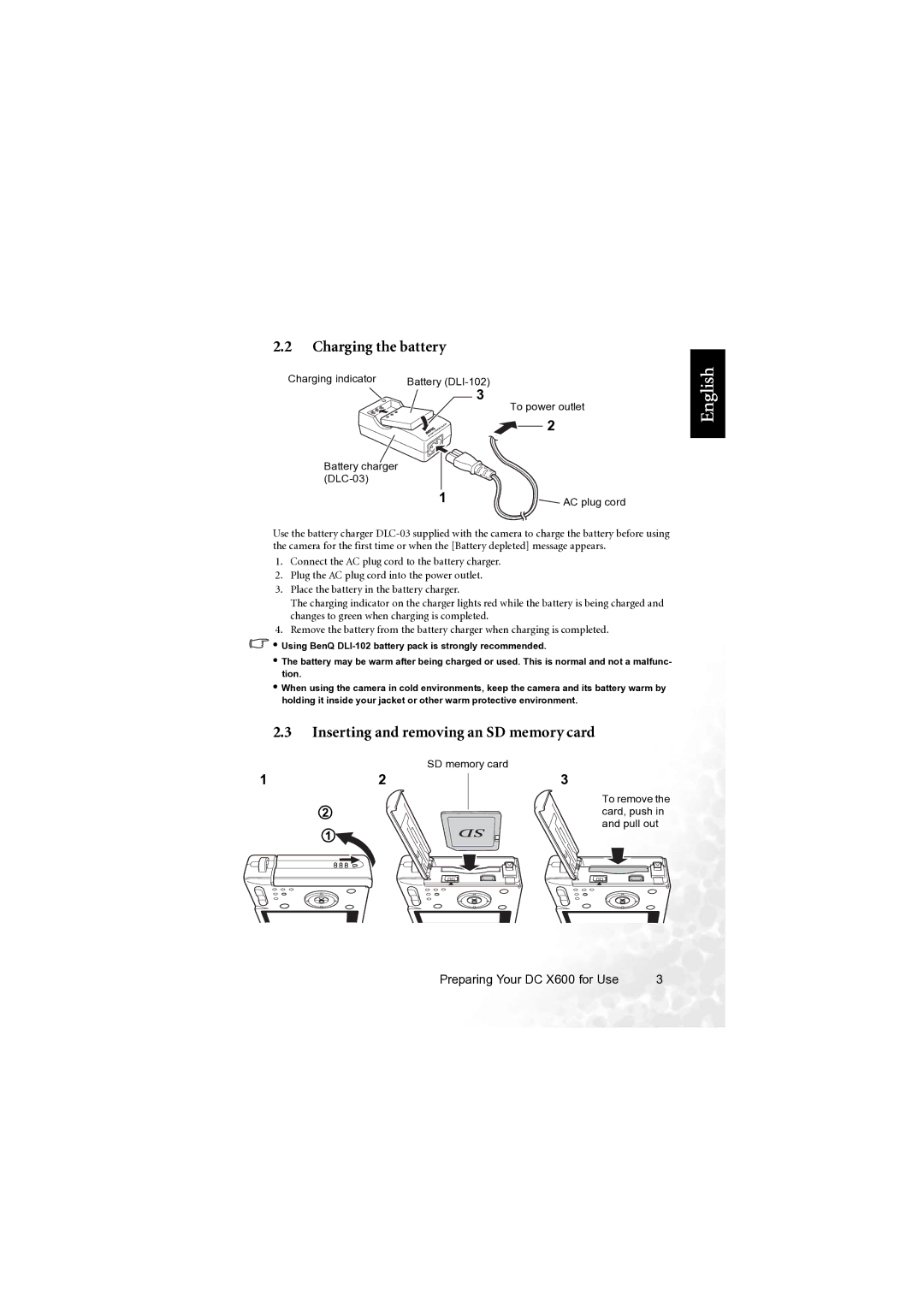 BenQ X600 user manual Charging the battery, Inserting and removing an SD memory card 