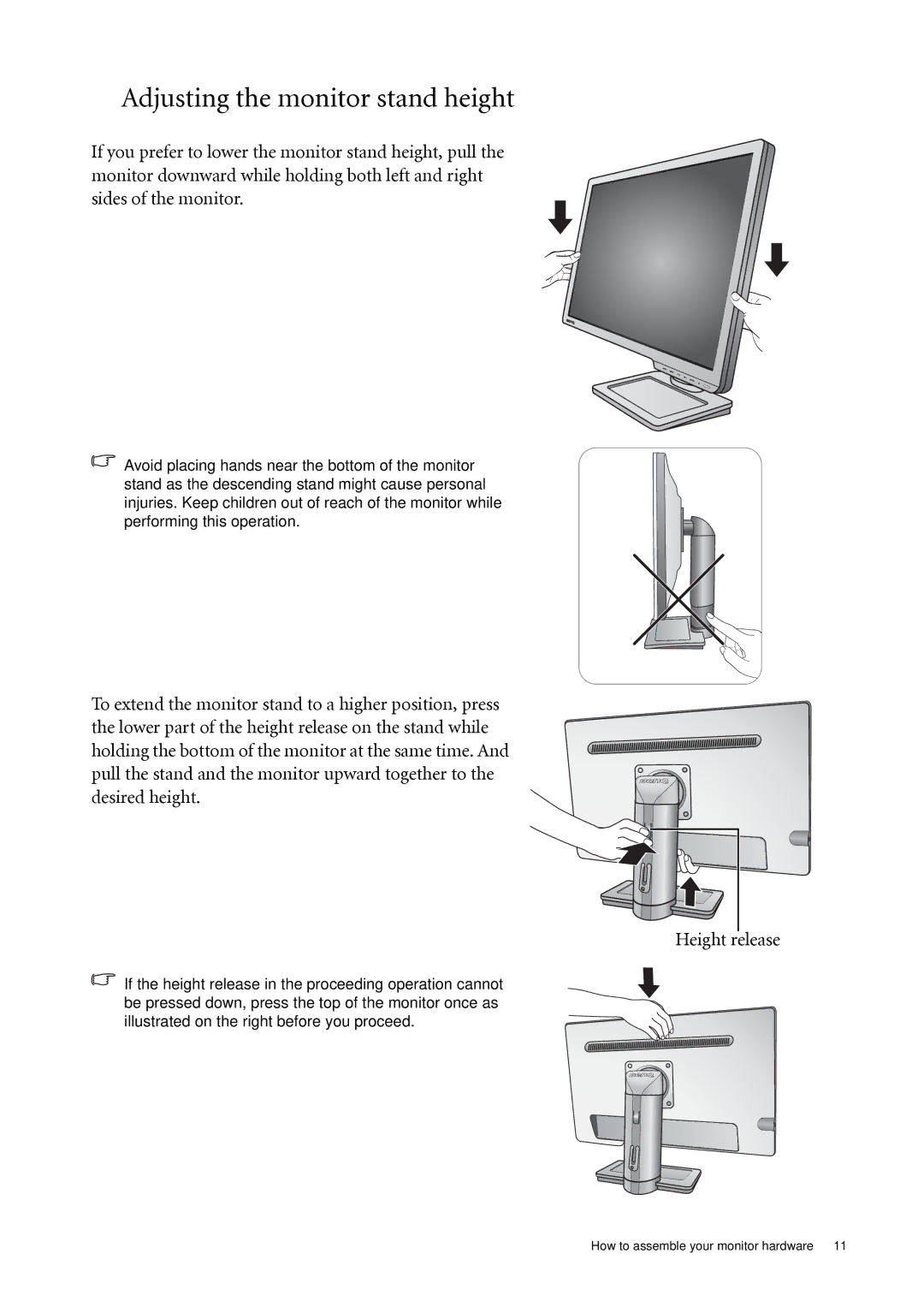 BenQ XL2410T user manual Adjusting the monitor stand height 