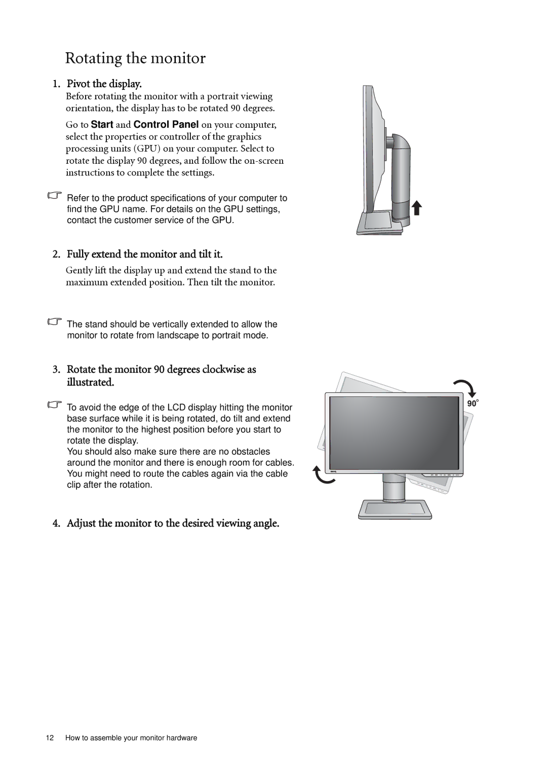 BenQ XL2410T user manual Rotating the monitor, Pivot the display, Fully extend the monitor and tilt it 