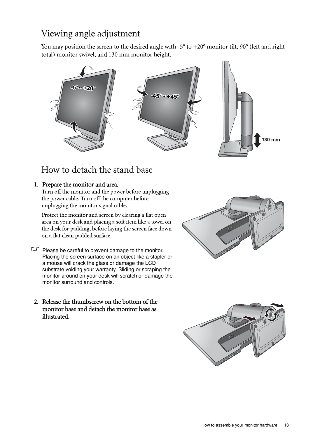 BenQ XL2410T user manual Viewing angle adjustment, How to detach the stand base, Prepare the monitor and area 