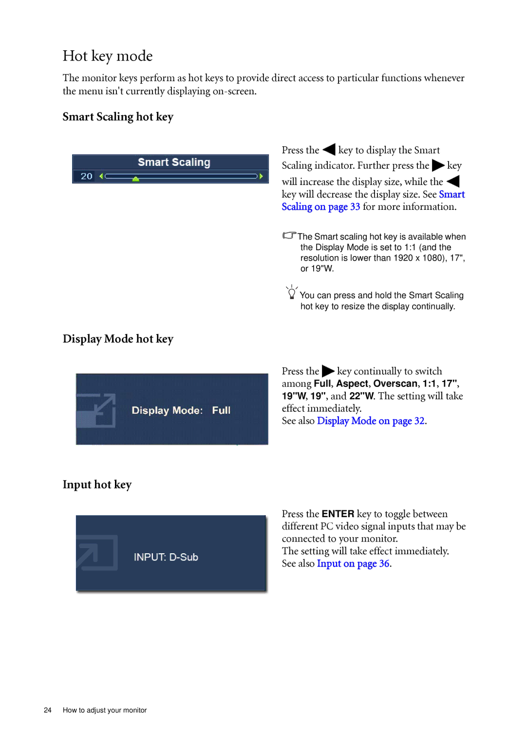 BenQ XL2410T user manual Hot key mode, Smart Scaling hot key, Display Mode hot key, Input hot key 