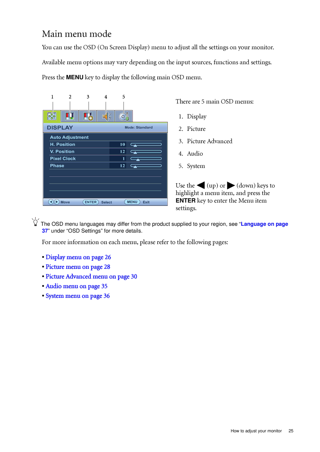 BenQ XL2410T user manual Main menu mode 