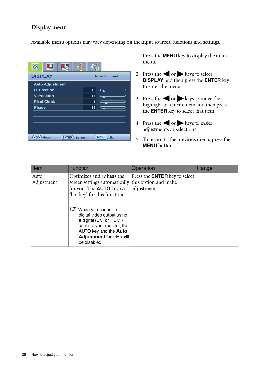 BenQ XL2410T user manual Display menu, Adjustment 