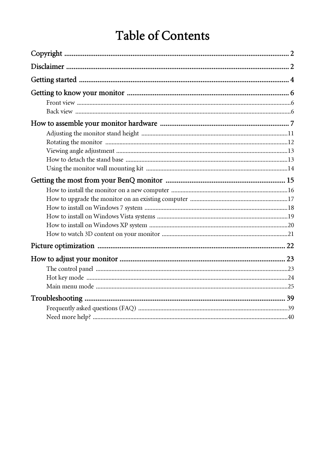 BenQ XL2410T user manual Table of Contents 