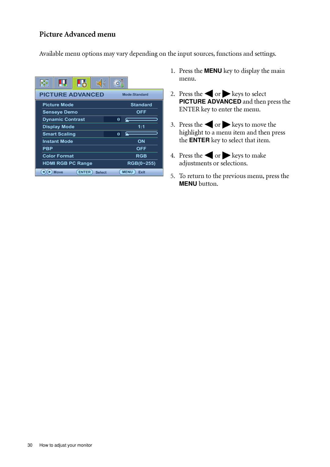 BenQ XL2410T user manual Picture Advanced menu, To return to the previous menu, press the Menu button 