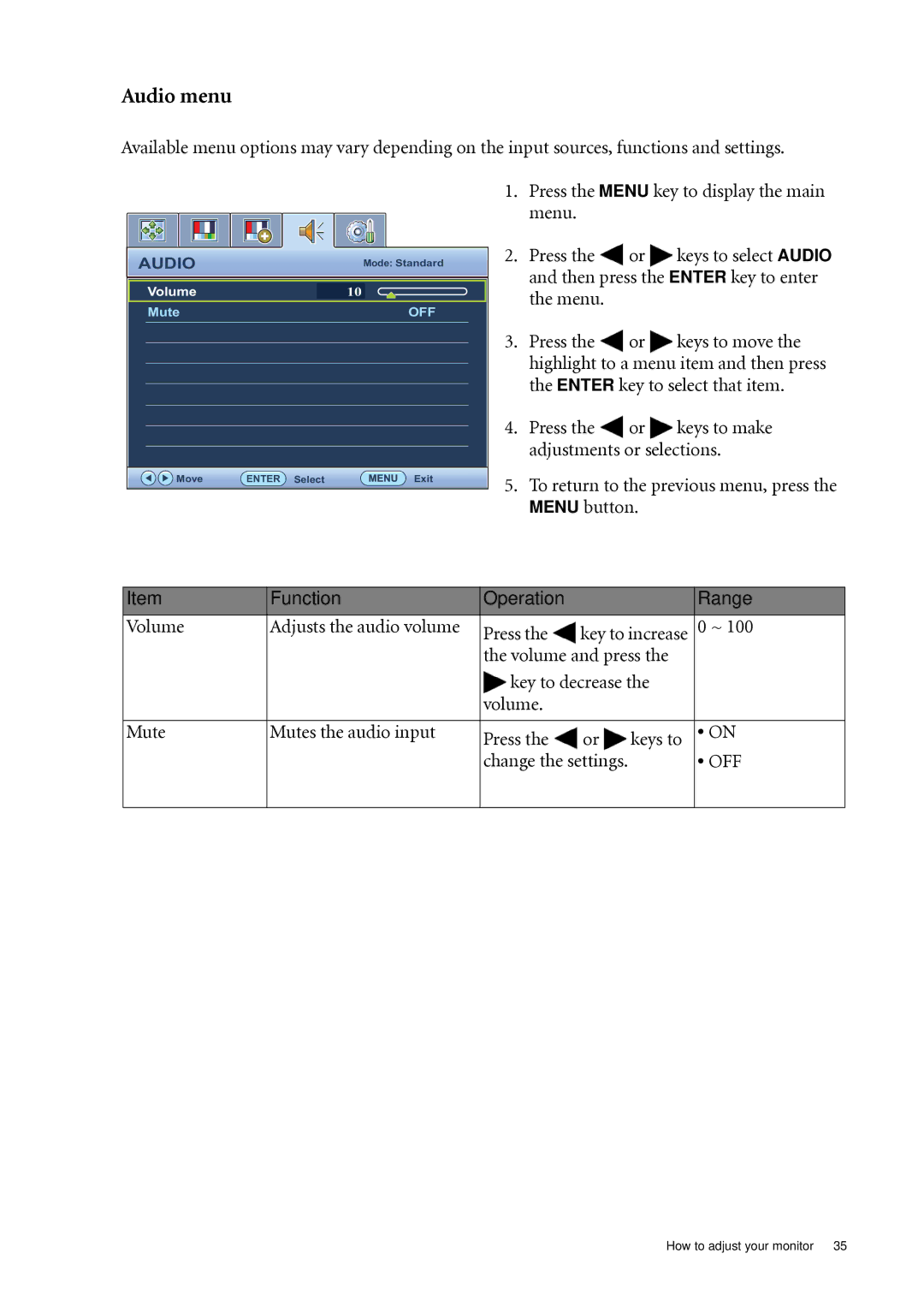 BenQ XL2410T user manual Audio menu 