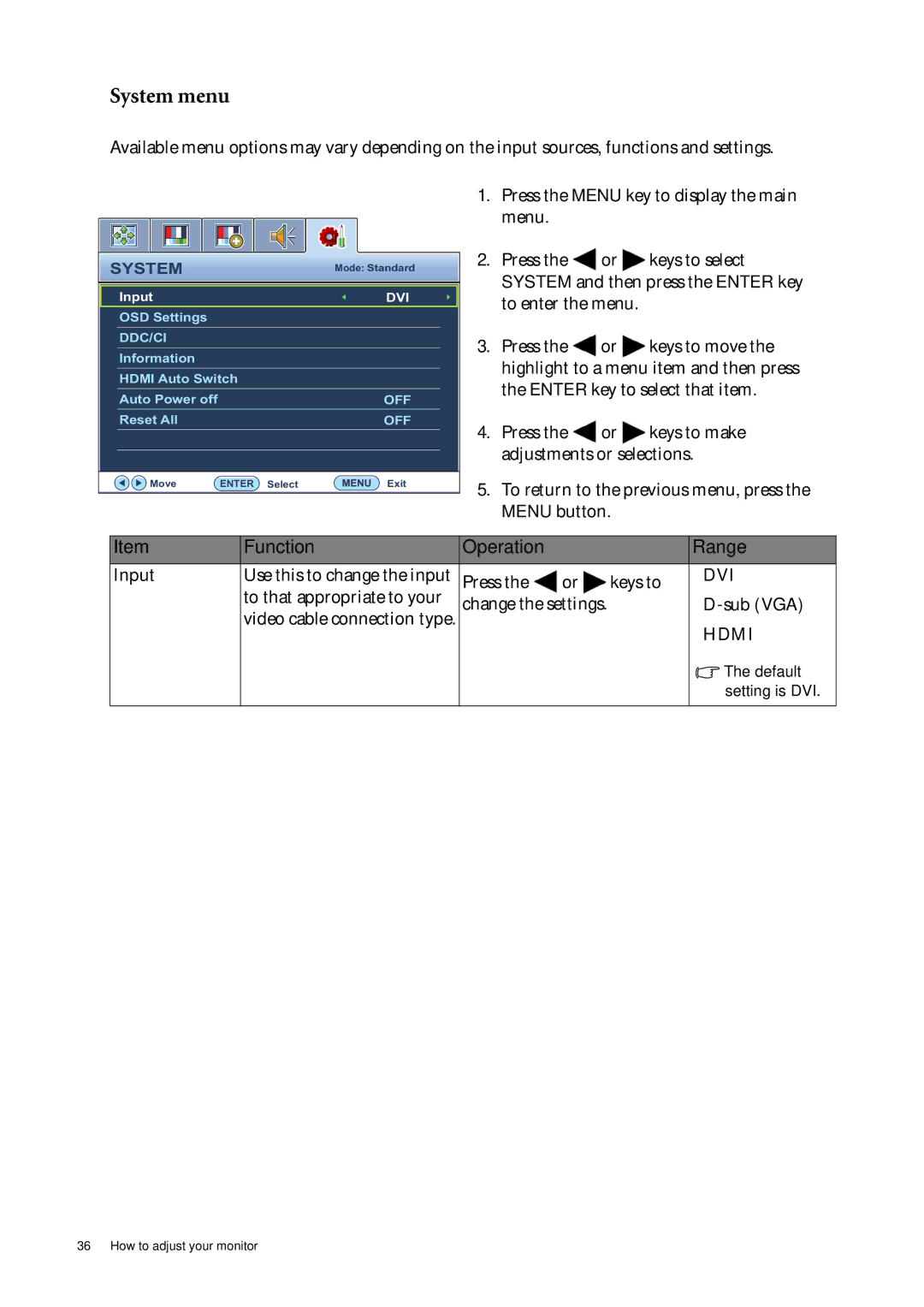 BenQ XL2410T user manual System menu, To that appropriate to your, Sub VGA 