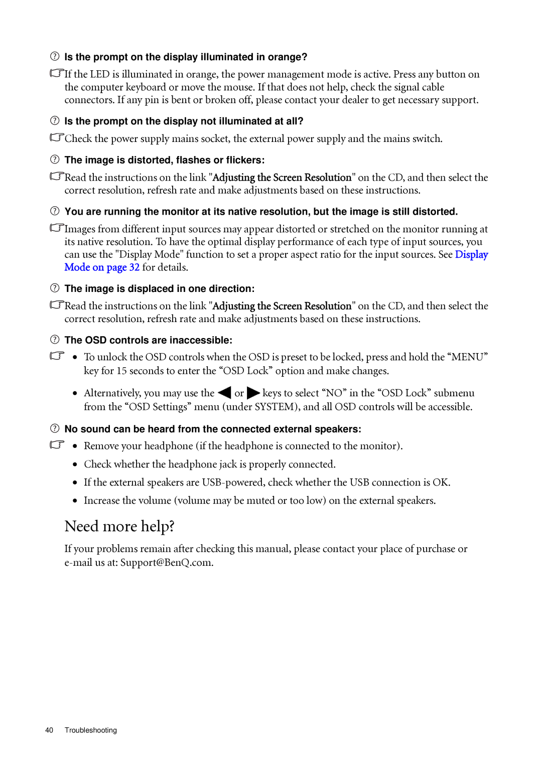 BenQ XL2410T user manual Need more help?, Is the prompt on the display illuminated in orange? 