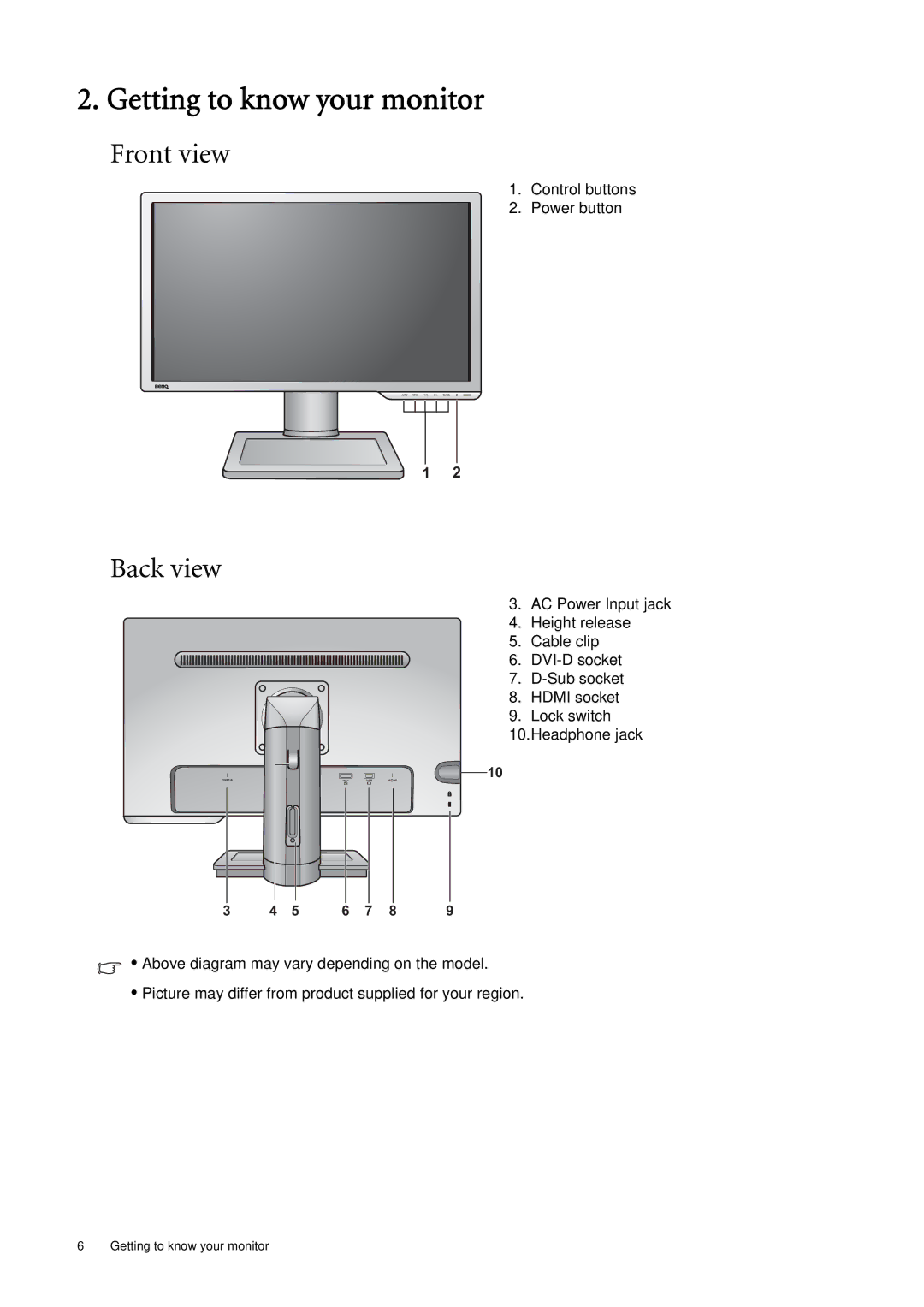 BenQ XL2410T user manual Getting to know your monitor, Front view, Back view 