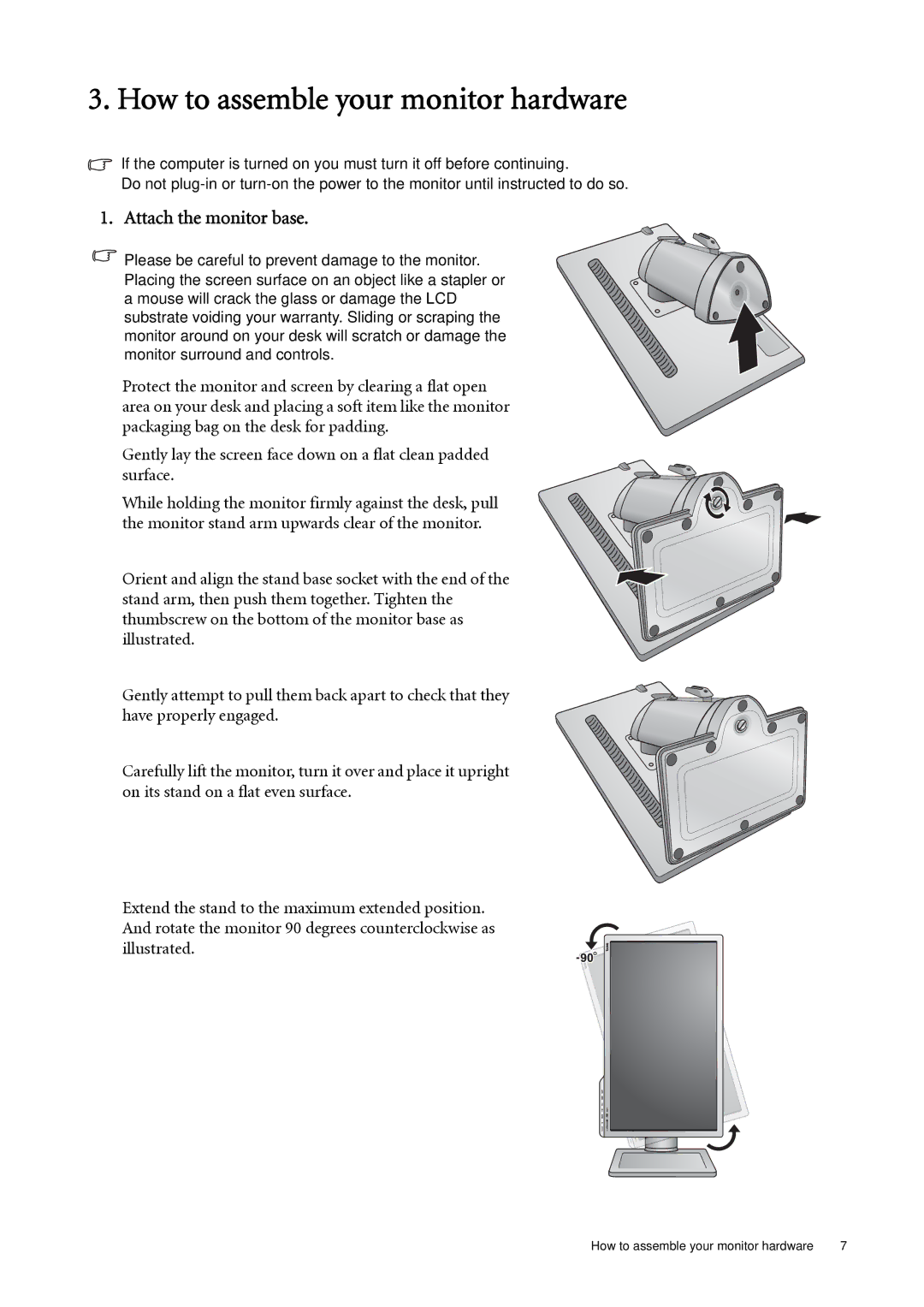 BenQ XL2410T user manual How to assemble your monitor hardware, Attach the monitor base 