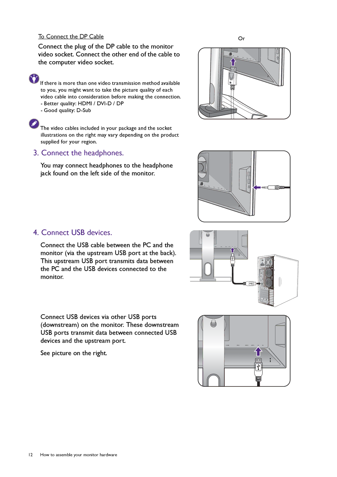 BenQ XL2420T / XL2420TX user manual Connect the headphones, Connect USB devices 