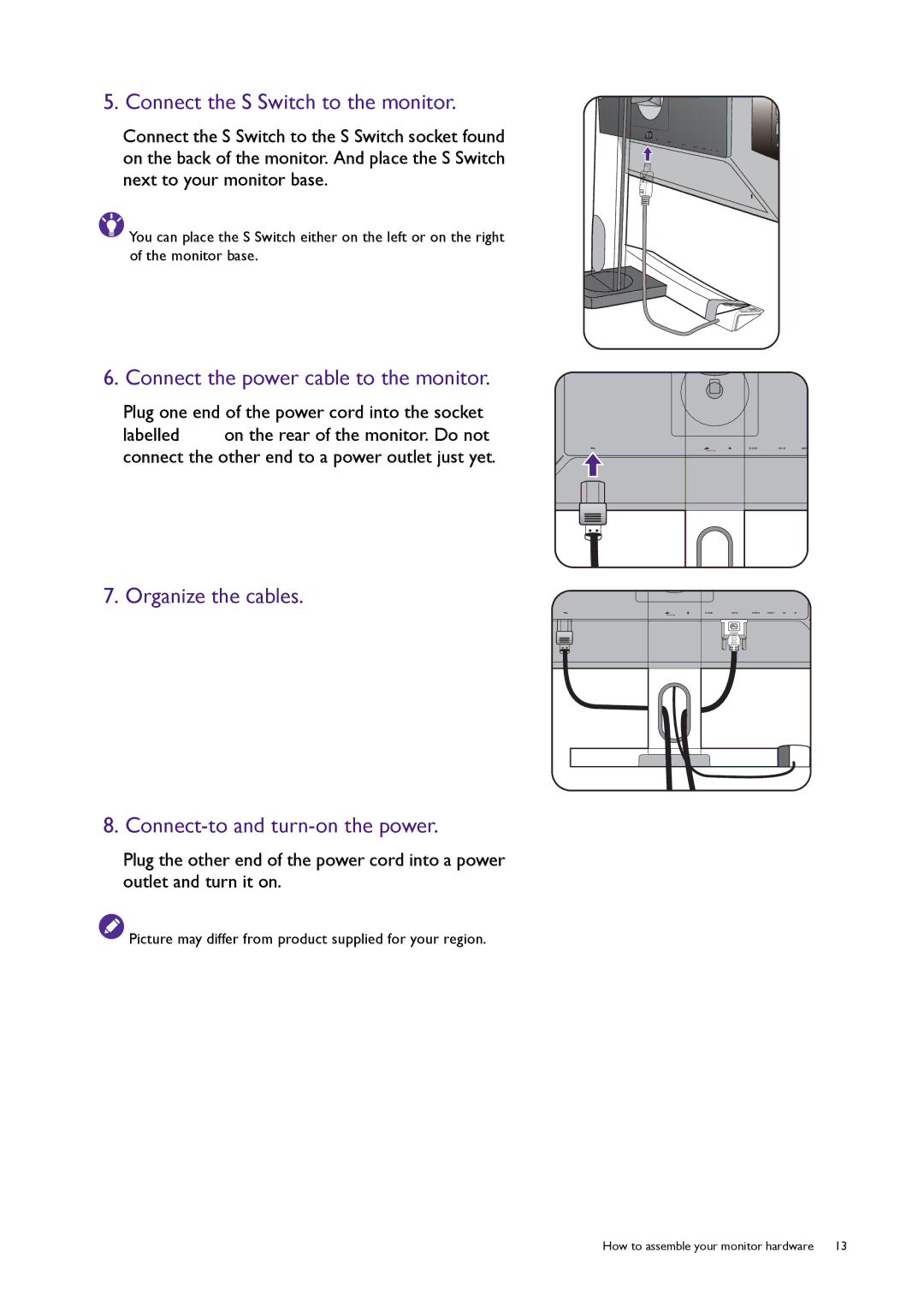 BenQ XL2420T / XL2420TX user manual Connect the S Switch to the monitor, Connect the power cable to the monitor 