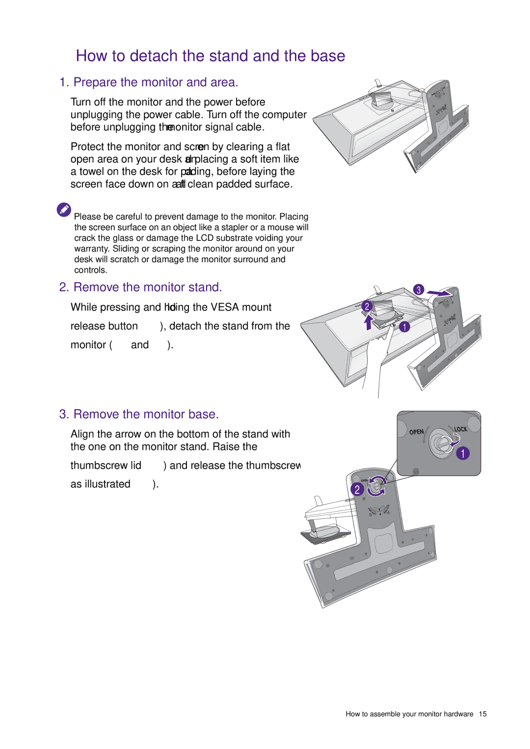 BenQ XL2420T / XL2420TX How to detach the stand and the base, Prepare the monitor and area, Remove the monitor stand 