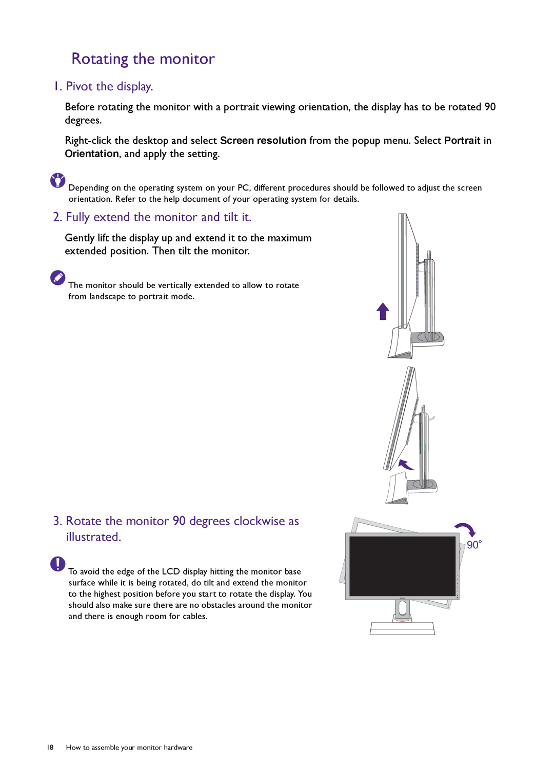 BenQ XL2420T / XL2420TX user manual Rotating the monitor, Pivot the display, Fully extend the monitor and tilt it 