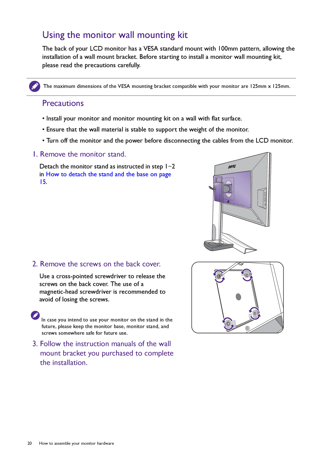 BenQ XL2420T / XL2420TX user manual Using the monitor wall mounting kit, Remove the screws on the back cover 