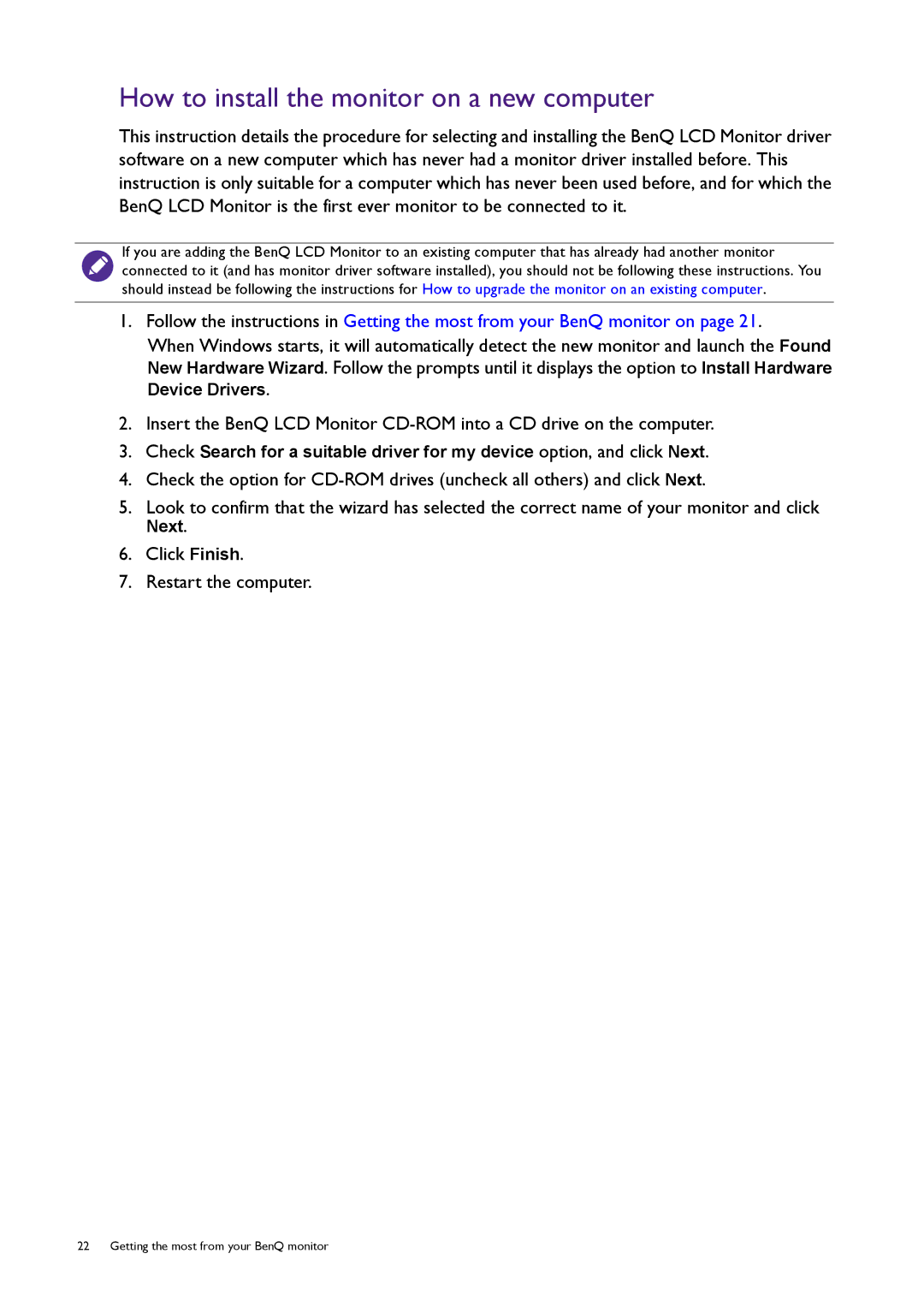 BenQ XL2420T / XL2420TX user manual How to install the monitor on a new computer, Click Finish Restart the computer 