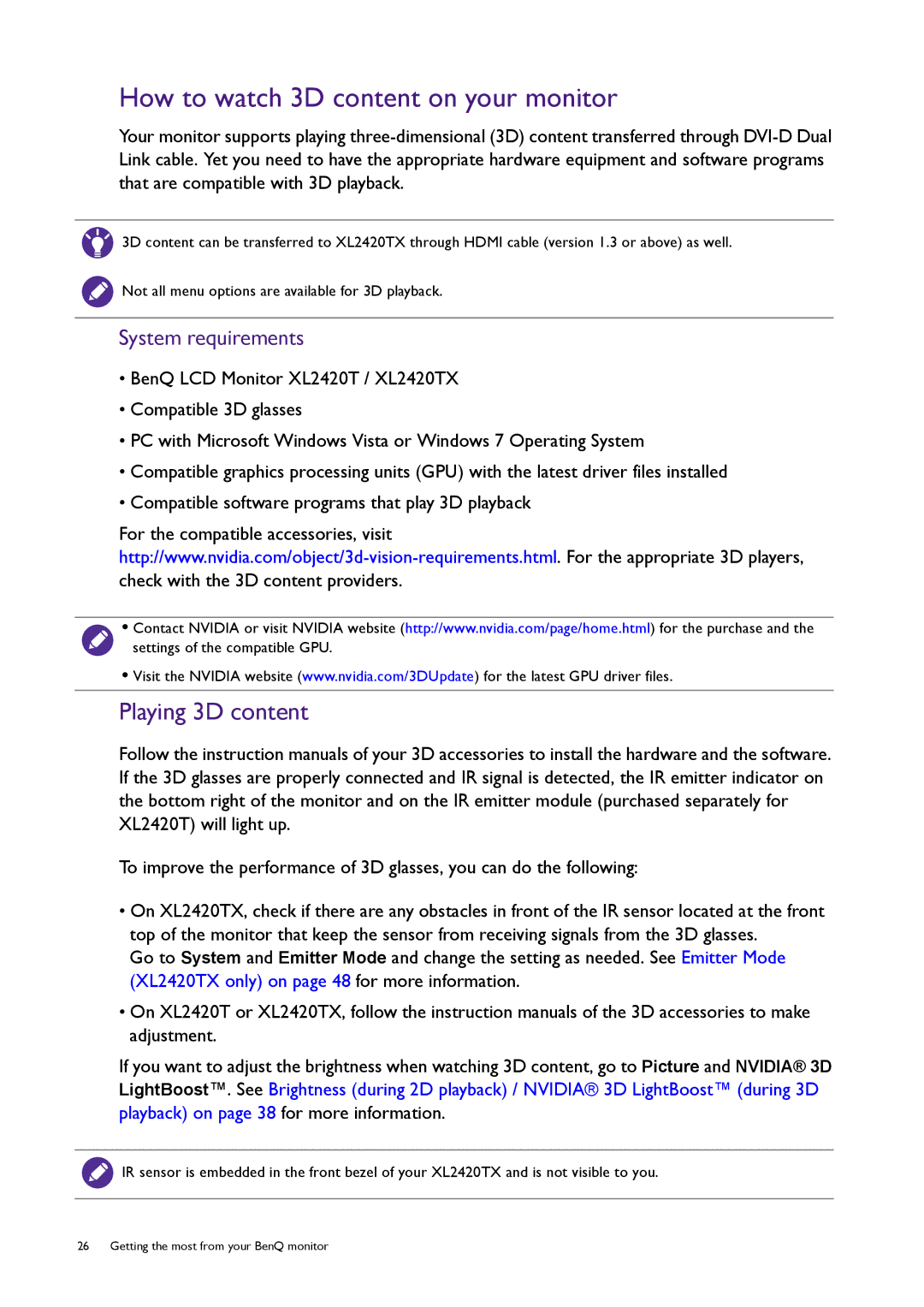 BenQ XL2420T / XL2420TX user manual How to watch 3D content on your monitor, System requirements 